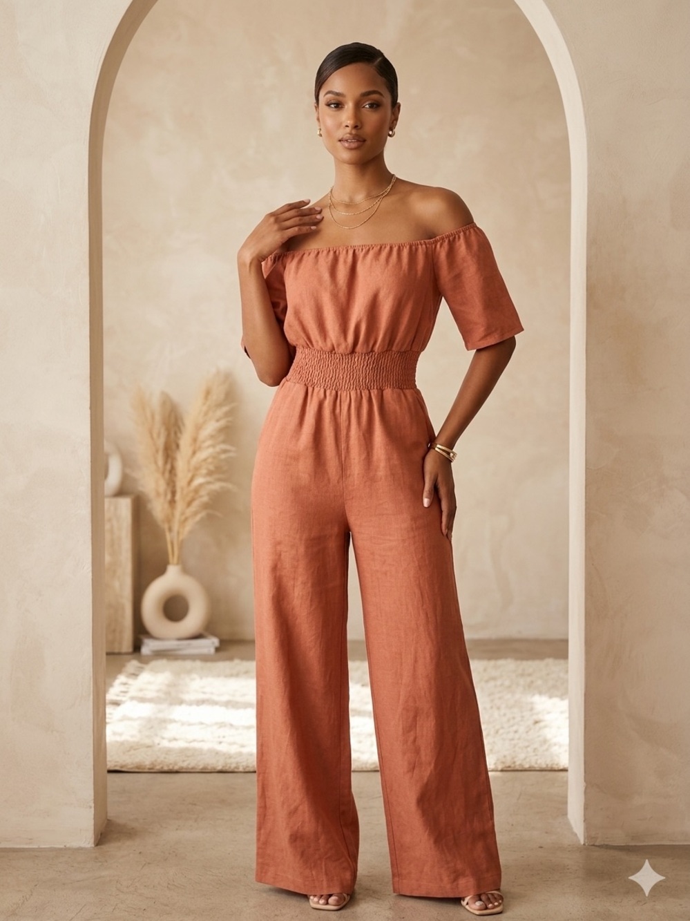 Elegant Off-Shoulder Wide-Leg Jumpsuit - Rust/Terracotta - Size Small